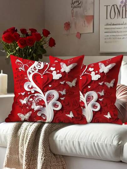 1/2/4 piezas Fundas de almohada decorativas con impresión 2D de corazones, mariposas y rosas rojas y blancas para el Día de San Valentín, románticas y suaves, de impresión de un solo lado en terciopelo para decoración de sala de estar, dormitorio, sofá y cama, sin relleno de almohada
