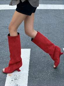 Women's Knee High Boots Wide Calf Long Boots Casual Square Toe Stiletto Kitten Heel Boots Fashion Shoes Winter Fall Women's Slouchy Boots Walking Office Dressy Shoes - 紅色-A - 查看 7