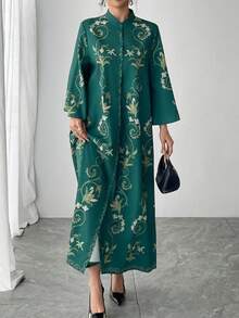 1pc Women's Green All-Over Allover Print Mandarin Collar Flare Sleeve Single-Breasted Long Casual Dress, Elegant Arabic Style Robe For Luxury Party/Festival - Green - View 8