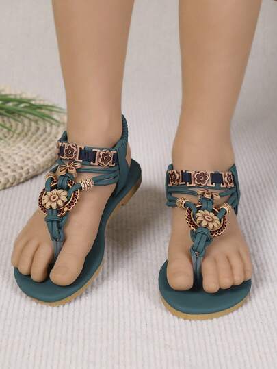 Bohemian Style Floral Decor Flat Toe-Ring Sandals