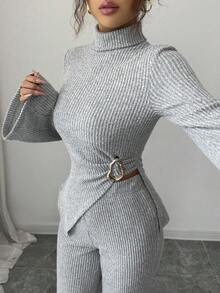 两件套：小号高领修身不对称下摆上衣 + 松紧腰阔腿休闲裤。适合日常工作、通勤和约会。 - 花灰色 - 查看 6