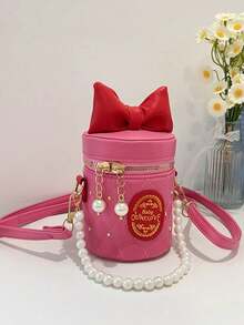 1 pièce Sac à main cylindrique de style princesse avec nœud papillon, design de niche incrusté de diamants et de perles françaises. Sangle d'épaule longue et lisse, confortable. Sac polyvalent de style coréen, convenant pour une utilisation extérieure et quotidienne, idéal comme cadeau pour la famille et les amis. - Sac seau doux - Voir 3