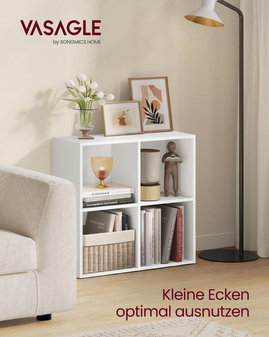 VASAGLE Bücherschrank, Bücherregal, mit 4 Fächern, Büroregal, Würfelregal, Standregal, für Wohnzimmer, Schlafzimmer, Büro, Kinderzimmer - Weiß - Übersicht 1
