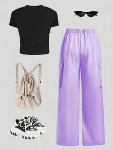 少女休闲圆领字母印花短袖上衣和工装裤套装，夏季 - 紫色 - 查看 3