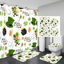 1pc/4pcs St. Patrick's Day Rainbow Lucky Element Shower Curtain Set, Includes Leprechaun, Hat, Beer, Clover, Gold Pot Elements Shower Curtain Set, Bathroom Divider Shower Curtain With Hooks, Anti-Slip Bathroom Mat Carpet, U-Shaped Toilet Mat, Toilet Seat Cover, Holiday Party Home Bathroom Accessories 4-Piece Shower Curtain Set - Multicolor - View 2