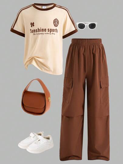 2pcs Girls Casual Outgoing Fashion Contrast Color Letter Print Decor Short Sleeve Top And Solid Color Pocket Design Pants Set, Summer