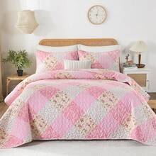 Floral Plaid Patchwork Quilt Set King Size, Reversible Brown Bedding Set Soft Microfiber Lightweight Bedspread Coverlet 3 Piece All - Season Use (104x90 Inches) - 粉色 - 查看 1