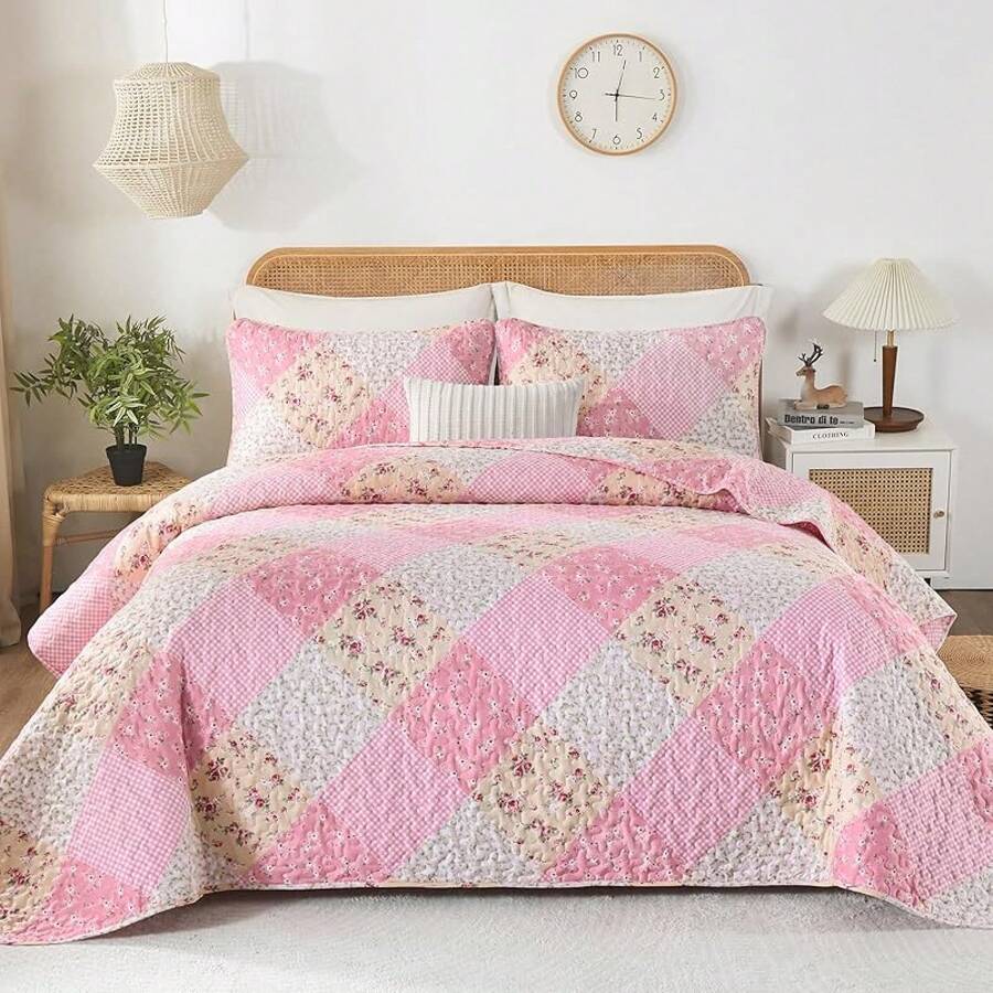 Floral Plaid Patchwork Quilt Set King Size, Reversible Brown Bedding Set Soft Microfiber Lightweight Bedspread Coverlet 3 Piece All - Season Use (104x90 Inches) - 粉色 - 查看 1