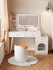 Modern Minimalist White Dressing Table With LED Mirror, Stool Not Included.