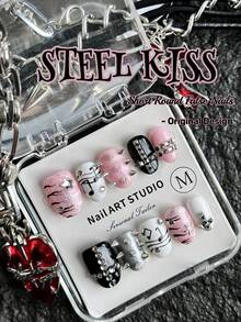 Original Design, Handmade, 10 Pieces Of Punk Style Acrylic Nail Kit, Press On Nails Short, Pink Nails, Pure Hand-Drawn Musical Notes And Staff Lines, Y2k Nail Art,Glitter Effect, Black Nails - Multicolor - View 7