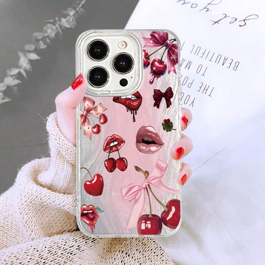 1支品红色唇印蝴蝶结樱桃润唇膏，可爱卡通粉色蝴蝶结，时尚欧美风，适合女孩；IMD全包防摔银色羽毛渐变波浪亮银激光闪亮艺术风格；兼容三星/荣耀/传音手机；国际版，非国内版