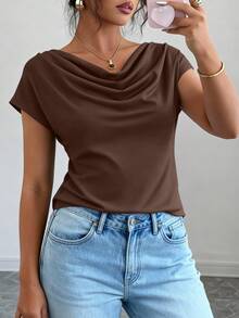 Women's Summer Clothes Tops Dressy Casual Clothing Cowl Neck Short Sleeve Blouses Business Work Office Shirts  Tops For Women - 棕色 - 查看 5
