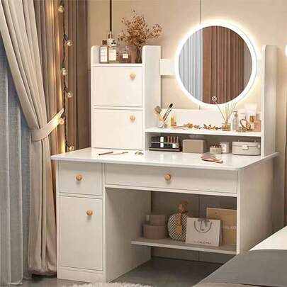 Escritorio de tocador con espejo, luces LED mesa de tocador de maquillaje con 2 cajones y 3 estantes y 3 taquillas de almacenamiento, tocador para dormitorio, vestidor (Blanco, Rosa, Marrón)