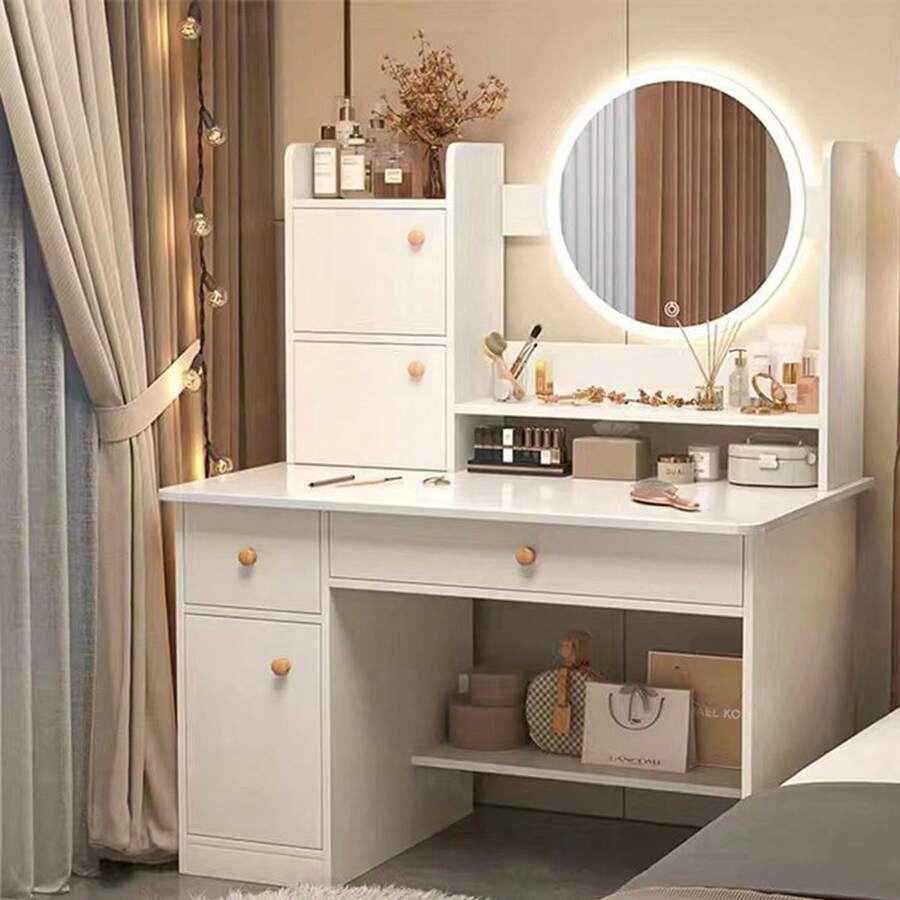 Escritorio de tocador con espejo, luces LED mesa de tocador de maquillaje con 2 cajones y 3 estantes y 3 taquillas de almacenamiento, tocador para dormitorio, vestidor (Blanco, Rosa, Marrón) - Blanco - Ver 1