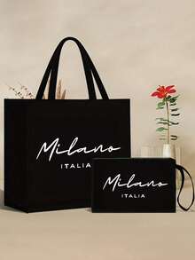 Bộ 1 túi tote vải lanh, bao gồm 1 túi tote in chữ "Milan, Italy" và 1 túi nhỏ in họa tiết hoa và chữ cái, bao bì quà tặng cá nhân hóa, phù hợp cho đám cưới, sinh nhật, đi biển, kỳ nghỉ và nhiều dịp khác, món quà hoàn hảo cho phụ nữ, mẹ, giáo viên, bạn bè, phù dâu, sinh viên và mùa tựu trường. - Nhiều màu - Xem 3