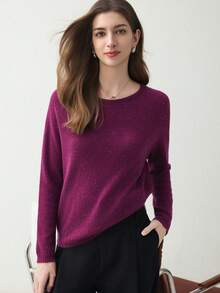 Women's Solid Color Cashmere Sweater, Loose Fit Round Neck Long Sleeve Knit Top, Suitable For Spring And Valentine's Day