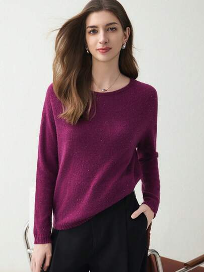 Women's Solid Color Cashmere Sweater, Loose Fit Round Neck Long Sleeve Knit Top, Suitable For Spring And Valentine's Day