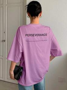 T-Shirt With "Perseverance" Print Lettering. Minimalist, Casual, Modern, Sophisticated, Simple, Basic, Summer, Oversized. - Baby Pink - View 2