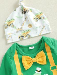 Conjuntos de ropa irlandesa para bebé niño, mono de manga larga con estampado de trébol, pantalones y gorro, 3 piezas - Verde - Ver 6