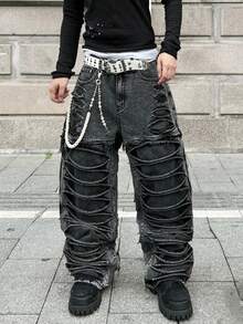 1 pezzo Jeans larghi stile di strada americano uomo, stile casual e comodo, moda casual di alta strada, versatile per tutte le stagioni (cintura e accessori non inclusi) - nero - Visualizzare 5