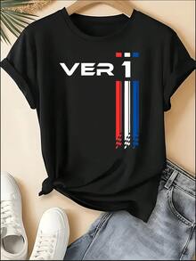 F1 Racing T-Shirt, Unisex Crew Neck VER 1 Print Short Sleeve Tee, Motorsport Racing Stripe Checkered Accent Casual Top, Sporty Style Machine Washable Shirt, Perfect For 4th Of July, Memorial Day, Labor Day, Father's Day, Back To School, Daily Wear, Race Day, Fan Gatherings, Birthday Gift For Son, Boyfriend, Dad, Niece, Spring Summer Outfits, Motorsport F1 Fan Apparel - 黑色 13 - 查看 6