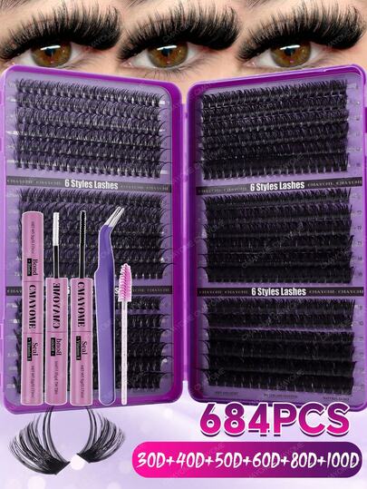 CMAYOME Kit de extensión de pestañas de 648/684/720 piezas, rizo D, densidad mixta de 10D-150D, longitud de 8-16 mm, juego de herramientas de gran capacidad, adecuado para principiantes, natural, ligero, suave, esponjoso kit de extensión de pestañas individuales DIY, incluye pegamento, pinzas y cepillo para pestañas, mejora el maquillaje de ojos, adecuado para uso diario, trabajo, viajes, citas, fiestas y festivales