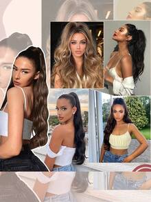 马尾假发片，卷曲波浪造型，夹式假发，环绕式长马尾假发片，合成纤维接发，女士适用，18英寸/24英寸 - 彩色 - 查看 7