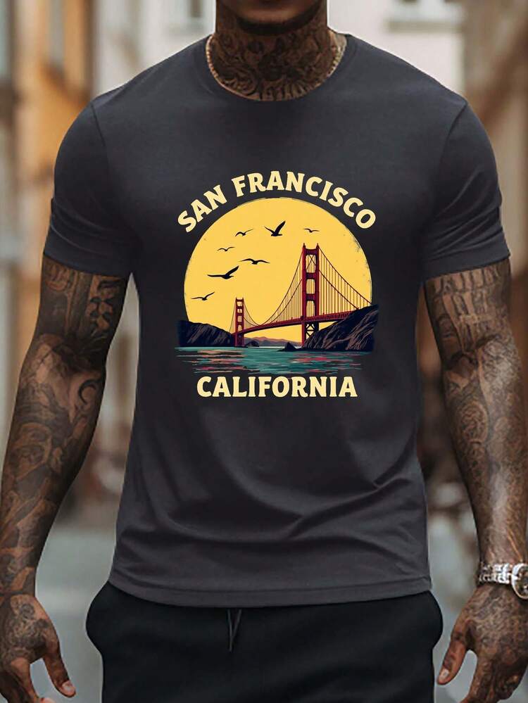 Camiseta de Hombre del Puente del Arco Dorado de San Francisco - Camiseta Gráfica Negra con Paisaje de Ciudad al Amanecer, Camiseta Transpirable de Verano para el Día a Día y Viajes - Regalo Ideal para Visitantes y Locales de la Región de la Bahía, Ajuste Cómodo - Negro - Añade 8