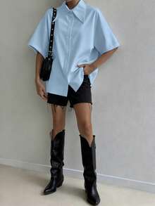 QIANZHIDU Pure Women's Fashion Shirts 2024 Spring Summer Autumn Elegant Half Sleeve Button Up Shirt Office Beautiful Blouse For Women Tops Summer Outfits For Women Spring Outfits For Women Summer Tops Valentine's Day And New Year Outfits - Light Blue - View 3