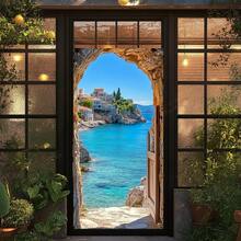 1pc 2D Flat Door Banner, Polyester Beach Scenery Door Valance, Multipurpose Rectangular Stone Arch Flag, Suitable For Home, Holiday, Birthday, Pull-Up Banner, No Power Required - Multicolor - View 3