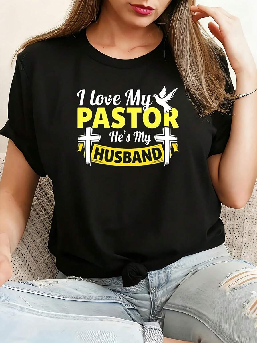 Amo mi pastor él es mi marido Camiseta de algodón 100% femenino camiseta Casual 220g Funny Graphic Short Sleeve 1 PCS Tee Novelty Crew Neck Oversized Top - Negro - Ver 1
