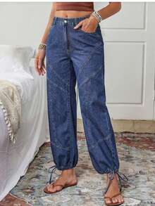 Women's Geometric-Stitch Denim Jogger Pants - Loose Casual Wide-Leg Style With Drawstring Hem - Màu xanh lam - Xem 2