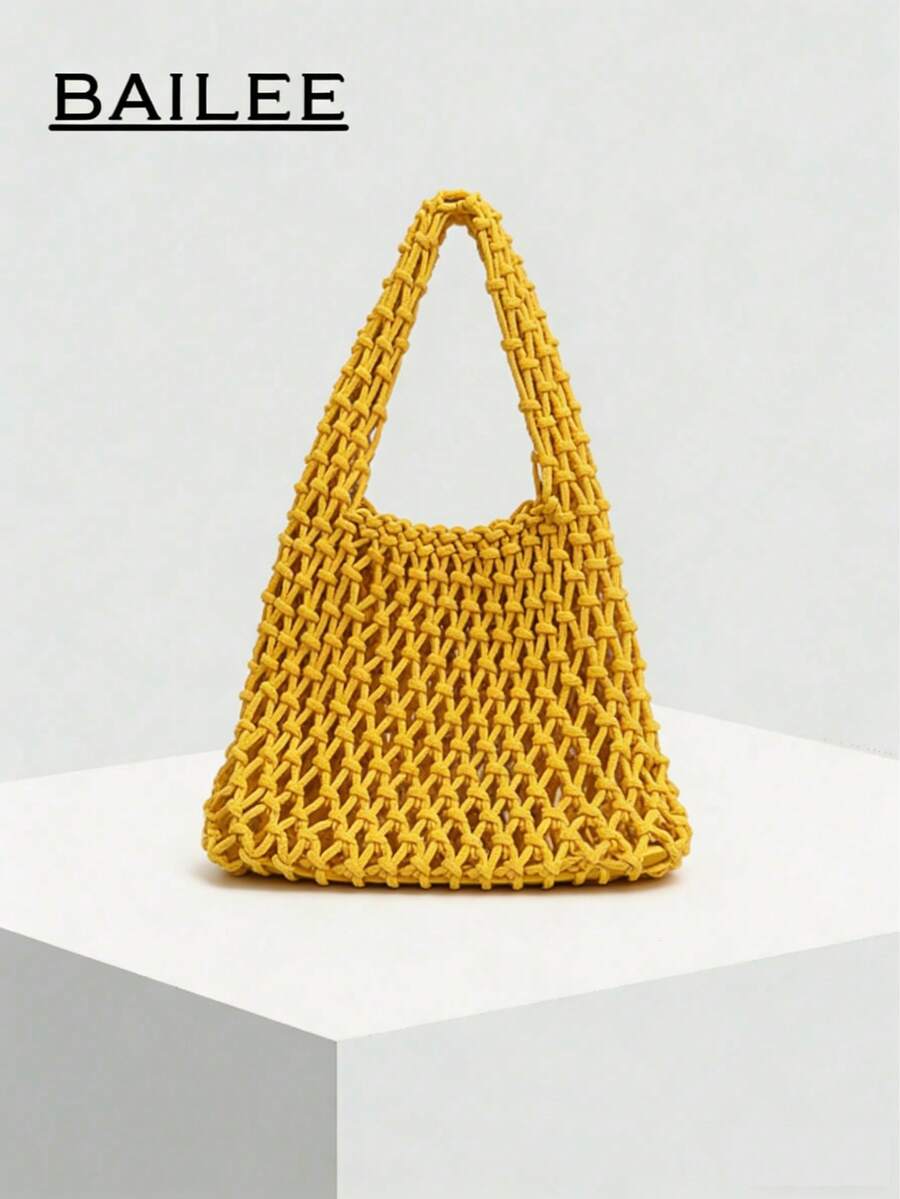 BAILEE 一套涤纶钩编网眼底多色纯色针织手提包，菱形绗缝图案，轻便易携，大容量，可爱时尚，适合女性、上班族、教师、女孩，是商务/通勤/工作/办公、节日/假期/户外/旅行/徒步/运动的理想之选，适合夏季、秋季和冬季，是夏季度假必备包包，也是教师节的绝佳礼物，钩编，可爱