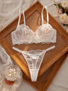 性感内衣情人节新娘礼服：欧美法式白色蕾丝文胸套装，中心蝴蝶结带粘性钢圈固定胸罩+日式蕾丝丁字裤，透气孔设计，春夏穿着不闷热，舒适顺滑 - 白色 - 查看 4