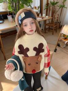 Young Girl Cartoon Deer Pattern Detail Long Sleeve Stand Collar Minimalist Casual Sweater