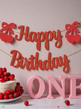 15pcs Cherry Theme Birthday Letter Pennant Garland Birthday Party Decoration Supplies