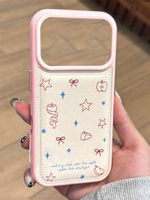 1PC Y2K Cute Cartoon Stars Bow Apple Graffiti Phone Case Compatible With IPhone 17 Pro Max 17 Pro Air 16 15 14 13 Pro Max Creative Soft Faux Leather Anti-Drop Back - Pink - View 4