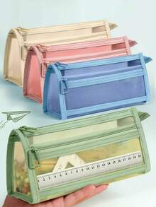 Transparent Mesh Pencil Case, Large Capacity Stationery Box With Double Layer Design For Students, Exams - Multicolor - View 1