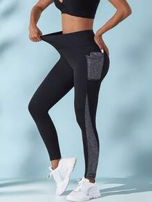 Leggings de yoga ajustados y cómodos para mujer con cintura elástica y bolsillo, con pespuntes de color contrastante, tirantes cruzados, todo a juego