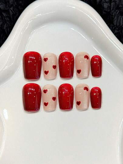 10Pcs Red Glossy Artificial Nails With Heart Shape Prints Sweet Handmade Press On Nails For Women Daily Wear And Party