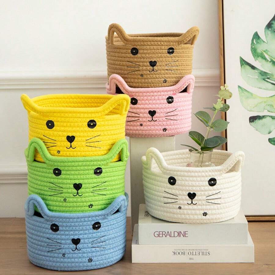 1pc White/Green/Yellow/Brown/Blue/Pink Cat Face Woven Storage Basket (21cm/8.27in*12cm/4.72in) - Adorable Cat Ear Shaped Desktop Organizer Basket, Suitable For Storing Small Accessories/Stationery/Cosmetics, Ideal For Bedroom/Dorm/Office Desk, Decorative And Space-Saving. - Multicolor - View 1