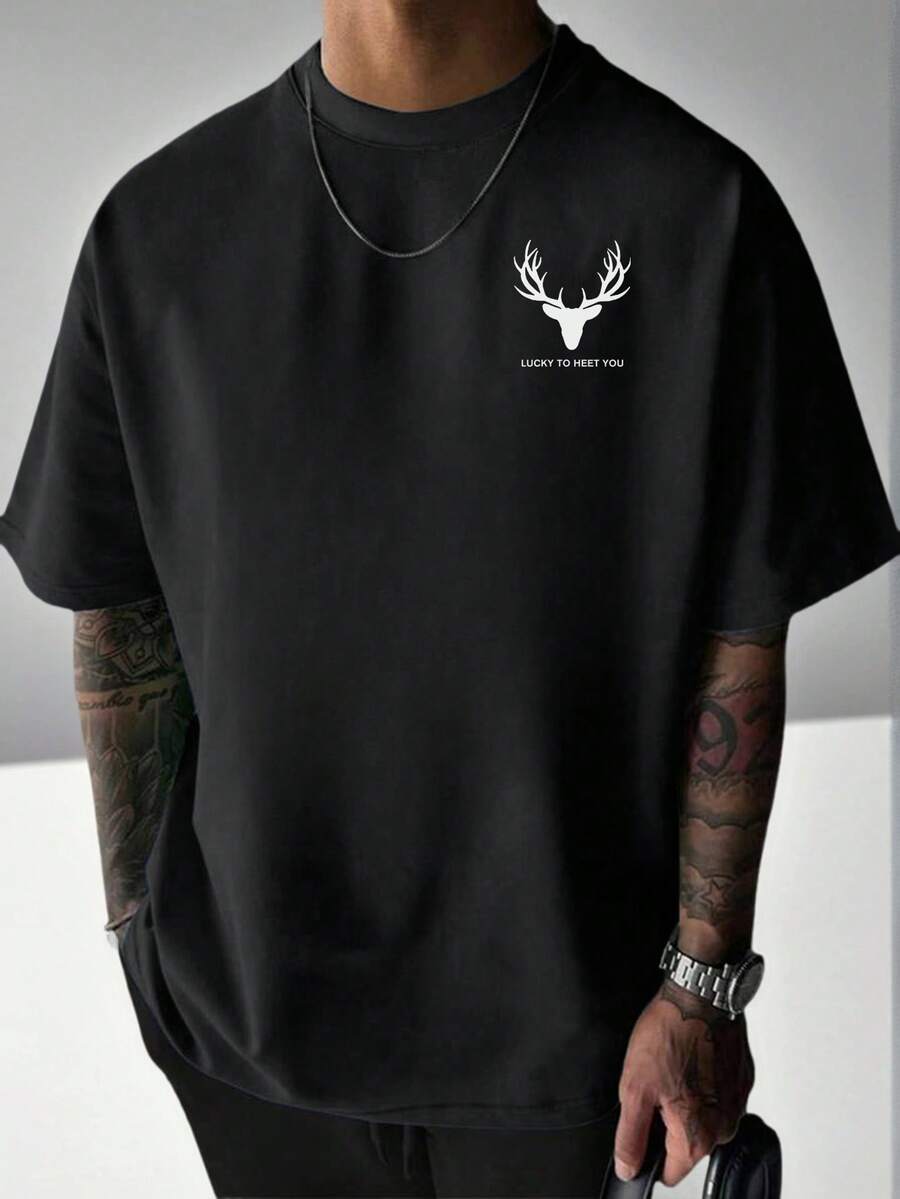 男士休闲百搭简约鹿头及英文标语印花短袖T恤 - 黑色 - 查看 1