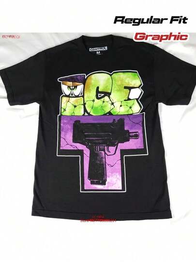 Camiseta gráfica para hombres - Diseño de arte callejero de graffiti negro, camiseta casual de ajuste regular, ropa de cultura hip hop lavable a máquina, ropa casual, impresión llamativa, camiseta duradera, camiseta gráfica