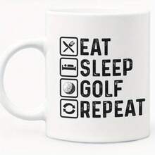Taza de cerámica para amantes del golf de 325 ml (11 oz) - Divertida taza de café con temática de golf y diseño "Eat Sleep Repeat" - Apta para lavavajillas y microondas - Ideal para aficionados al golf - 1 unidad - Regalo de Navidad - Blanco - Ver 1