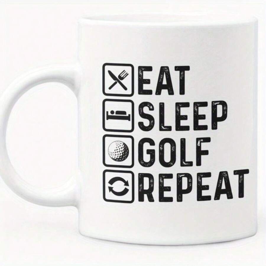 Taza de cerámica para amantes del golf de 325 ml (11 oz) - Divertida taza de café con temática de golf y diseño "Eat Sleep Repeat" - Apta para lavavajillas y microondas - Ideal para aficionados al golf - 1 unidad - Regalo de Navidad - Blanco - Ver 1