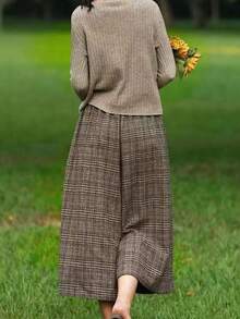 Casual Pantalones Plaid Nine Legged Pantalones Wide Legged Pantalones Pretty Pantalones anchos con cintura elástica de mezcla de lana estilo coreano para primavera, verano, otoño e invierno. Pantalones holgados informales para mujer. Pantalones cortos a cuadros. Pantalones anchos. Pantalones cortos holgados. Pantalones cálidos de mezcla de lana para otoño e invierno. - Café integral - Ver 7