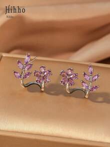 Hihho 2 件别致锆石镶嵌叶子和花朵耳夹式耳环，适合送给情人节、妈妈、母亲、母亲节、礼物 - 銀色 - 查看 9