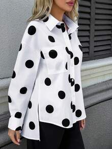 New Fashionable & Elegant Polka Dot Pattern Loose Women Long Sleeve Blouse With Asymmetrical Hem Spring - Black and White - View 3