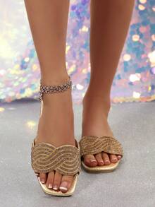 Sandalias planas de dedo abierto con strass para mujer - Dorado - Ver 4