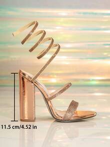 Fashionable Sexy Super High Heel Women's Sandals, Crystal Decor Snake-Shaped Wrapped Crystal Sandals, Silver Super High Heel Square Toe Sandals For Party & Evening - Champagne - View 7